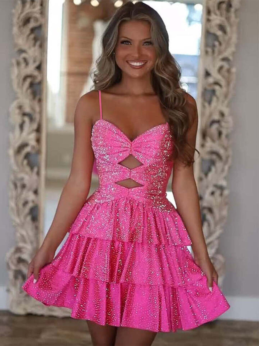 Fuchsia A Line Spaghetti Straps Sweetheart Satin Homecoming Dress with Keyhole