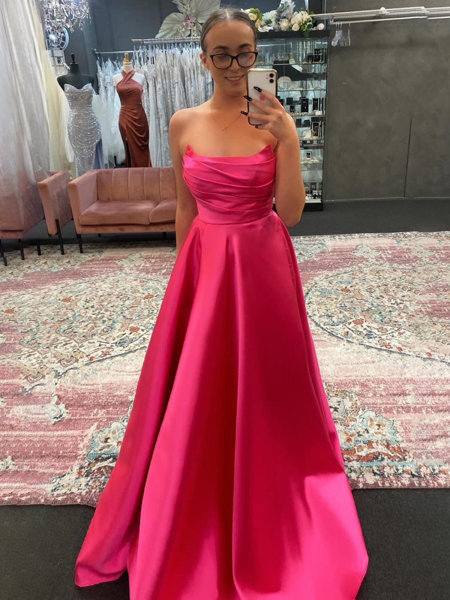 Dreamylily Women Sage Green A Line Strapless Satin Long Prom Dress with Slit