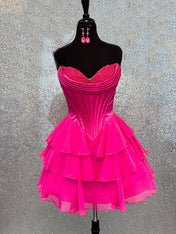 Fuchsia A Line Strapless Short Corset Homecoming Dress with Ruffles