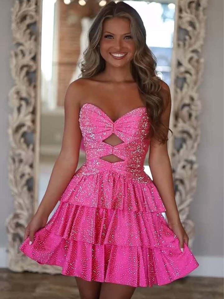 Fuchsia A Line Strapless Sweetheart Satin Homecoming Dress with Keyhole