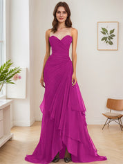 Dark Brown A Line Strapless Sweetheart Sheath Chiffon Tiered Long Formal Dress