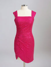Fuchsia Bodycon Square Neck Short Homecoming Dress with Sequins