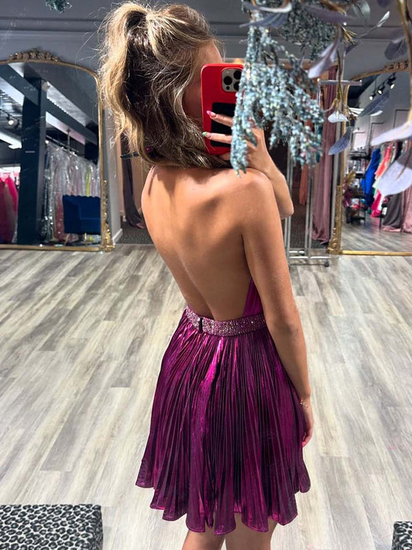 Fuchsia Halter Ruffles Beaded Pleated Short Homecoming Dress