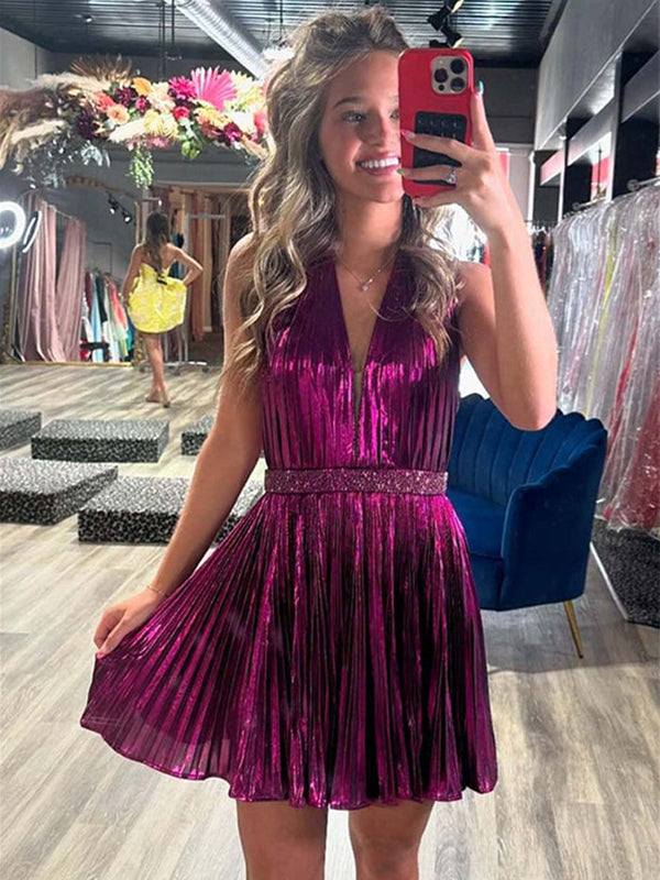 Fuchsia Halter Ruffles Beaded Pleated Short Homecoming Dress