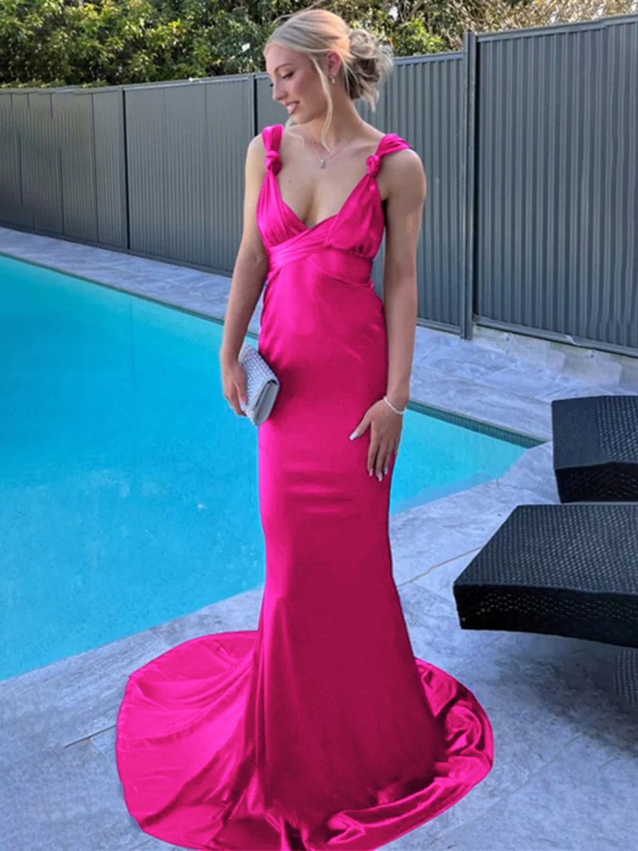 Purple Mermaid Straps Satin Pleated Long Prom Dress with Train