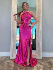 Fuchsia Mermaid Halter Keyhole Satin Long Prom Dress with Slit