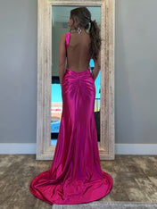 Fuchsia Mermaid Halter Keyhole Satin Long Prom Dress with Slit
