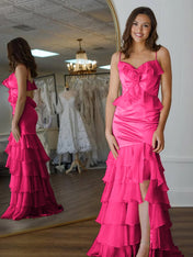 Yellow Mermaid Ruffle Chiffon Long Prom Dress with Flower