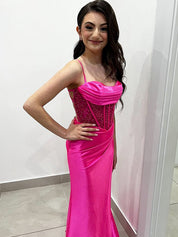 Yellow Mermaid Scoop Neck Satin Long Prom Dress with Slit