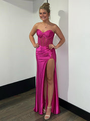 Blue Mermaid Spaghetti Straps Beaded Sweetheart Long Prom Dress with Slit