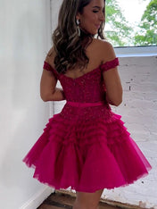 Fuchsia Off The Shoulder A-Line Homecoming Dress With Belt