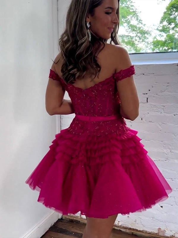 Fuchsia Off The Shoulder A-Line Homecoming Dress With Belt