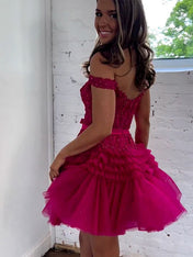 Fuchsia Off The Shoulder A-Line Homecoming Dress With Belt