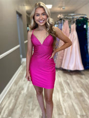 Fuchsia Spaghetti Straps Bodycon Homecoming Dress With Beding