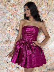 Fuchsia Strapless A-Line Ruched Short Homecoming Dress with Bow