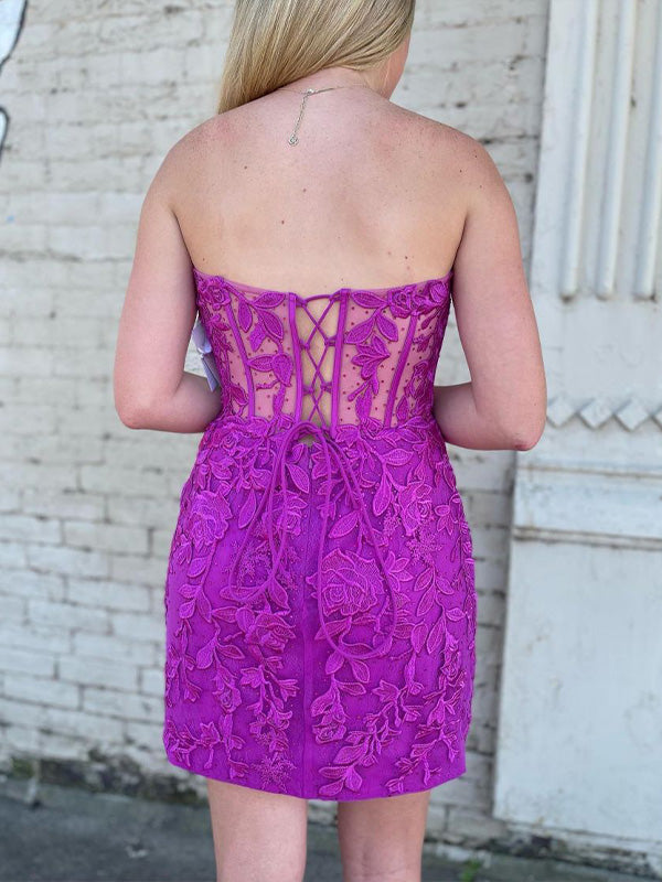 Fuchsia Strapless Bodycon Sweetheart Lace Homecoming Dress