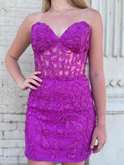 Fuchsia Strapless Bodycon Sweetheart Lace Homecoming Dress