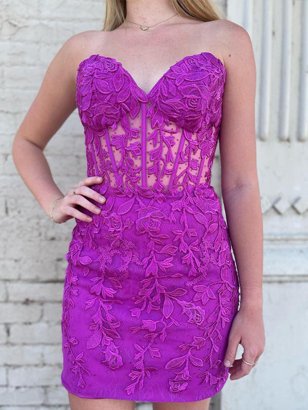 Fuchsia Strapless Bodycon Sweetheart Lace Homecoming Dress