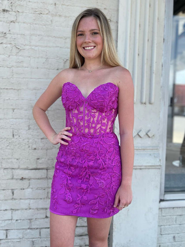 Fuchsia Strapless Bodycon Sweetheart Lace Homecoming Dress