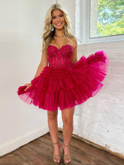 Fuchsia Sweetheart A-Line Short Tulle Homecoming Dress