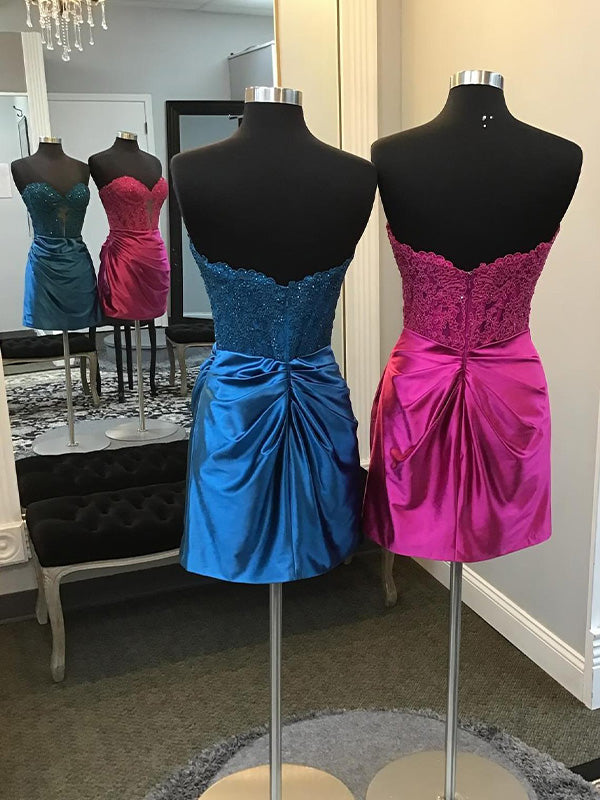 Fuchsia Sweetheart Appliques Ruched Tight Homecoming Dress