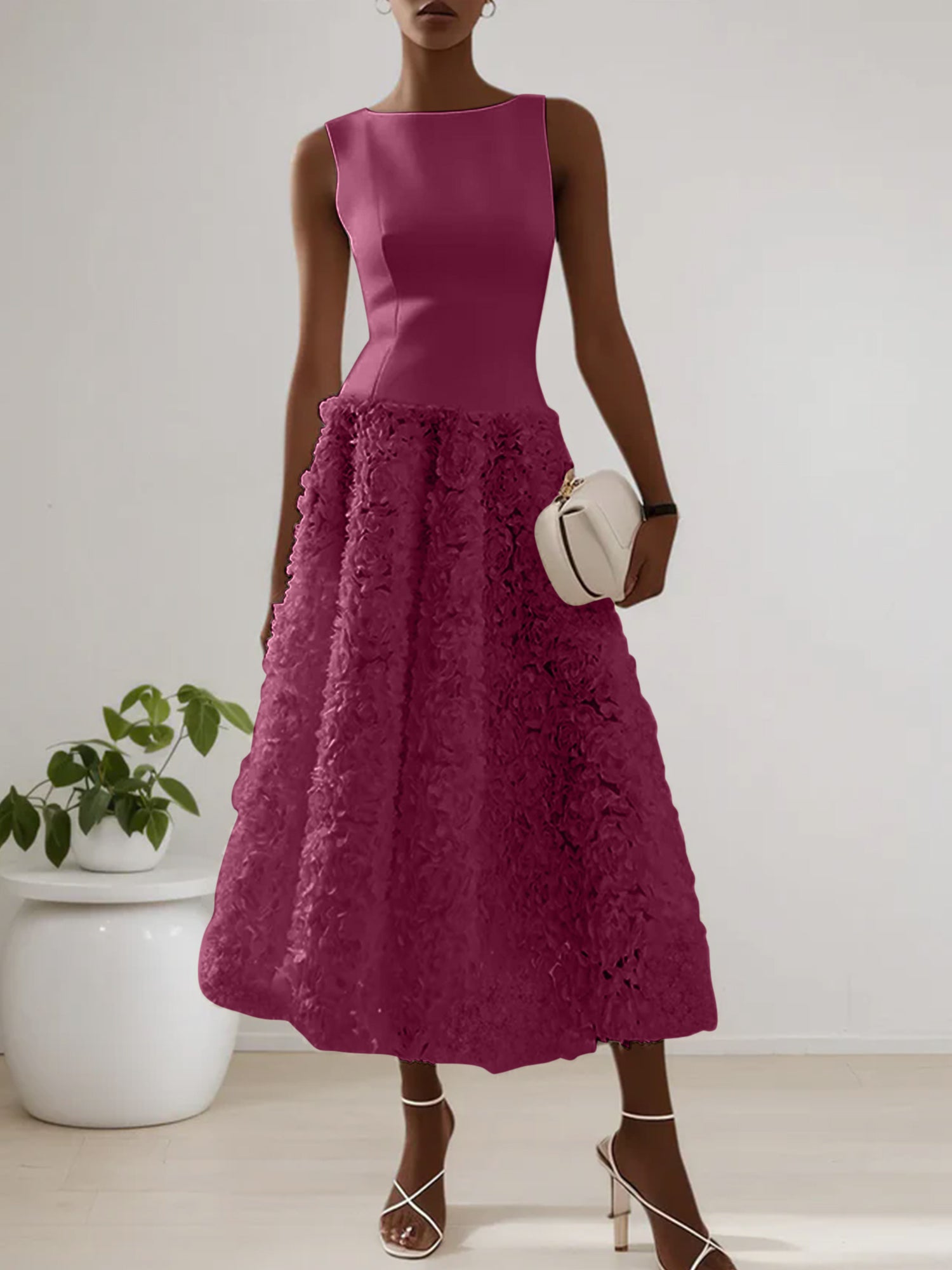 White 3D Floral Boat Neck A-Line Midi Dress