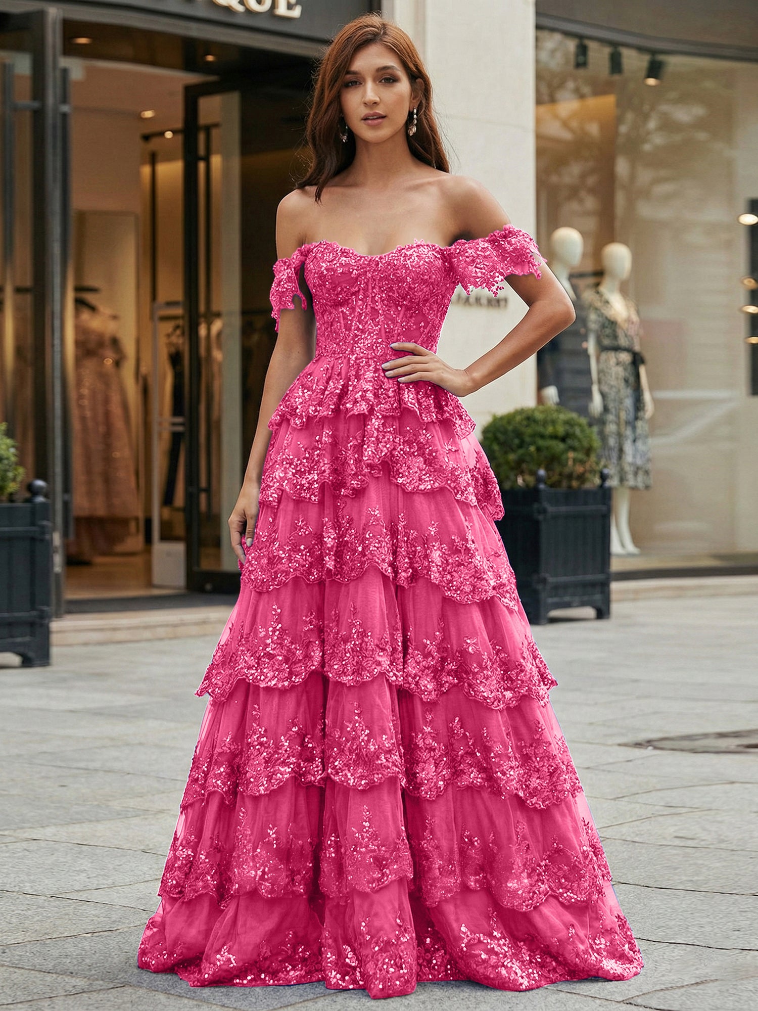 Royal Blue Off-the-Shoulder Sequin Lace Tiered Corset Prom Dress