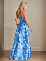 A-Line Off the Shoulder Sea Blue Satin Floral Mother of the Bride Dress