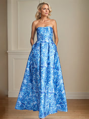 A-Line Off the Shoulder Sea Blue Satin Floral Mother of the Bride Dress