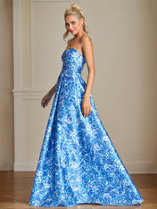 A-Line Off the Shoulder Sea Blue Satin Floral Mother of the Bride Dress