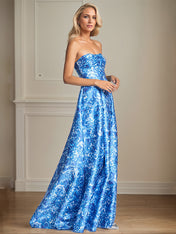 A-Line Off the Shoulder Sea Blue Satin Floral Mother of the Bride Dress