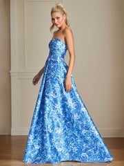 A-Line Off the Shoulder Sea Blue Satin Floral Mother of the Bride Dress