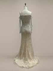 Sparkly Champagne Mermaid Off the Shoulder Long Prom Dress With Corset