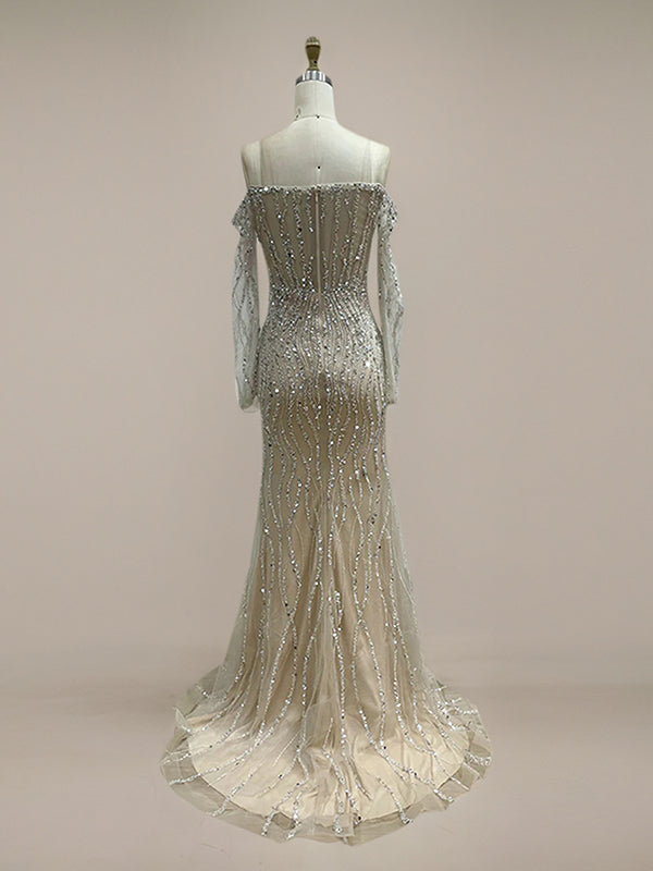 Sparkly Champagne Mermaid Off the Shoulder Long Prom Dress With Corset