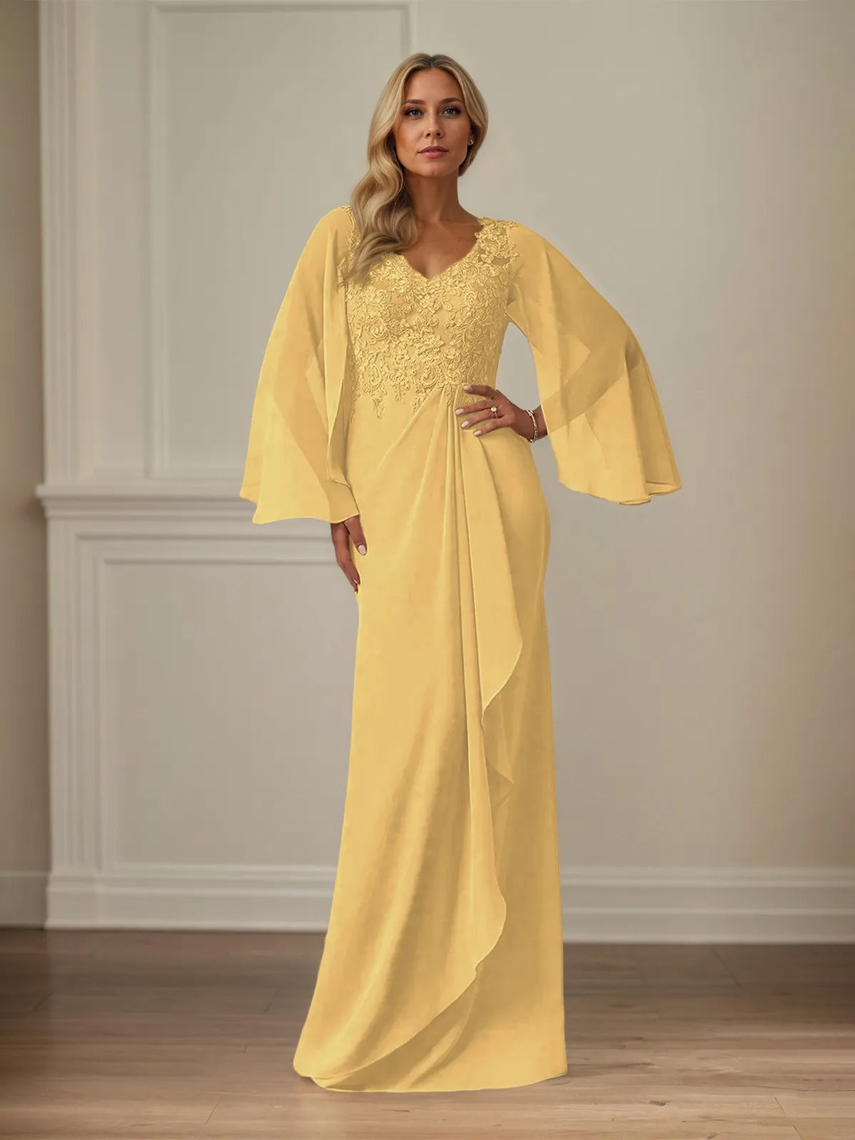 Column Chiffon V Neck Long Sleeves Floor Length Mother of the Bride Dresses With Appliques