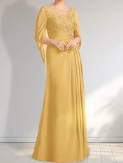 A-line Scoop Illusion Floor-Length Lace Chiffon Mother of the Bride Dress With Pleated Sequins