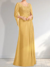Robe de mère de la mariée trapèze en mousseline de soie et dentelle, longueur au sol, avec décolleté en V et paillettes plissées