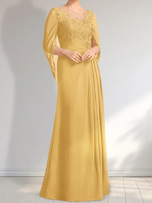 A-line Scoop Illusion Floor-Length Lace Chiffon Mother of the Bride Dress With Pleated Sequins