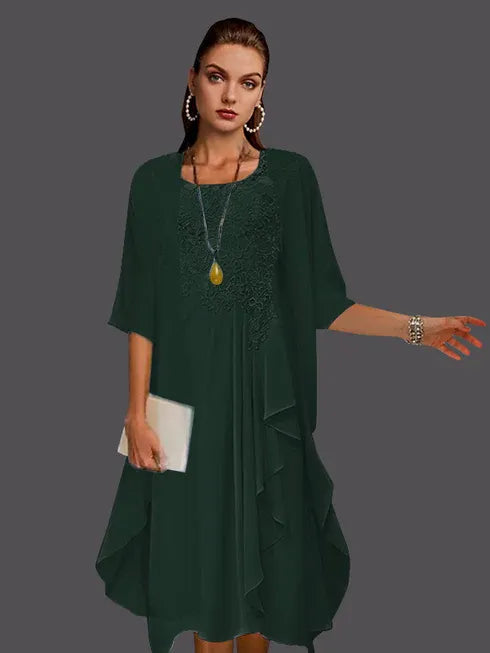 Two Piece A-Line Chiffon Lace Sleeveless Jacket Dresses with Pleats Appliques