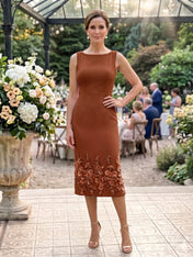 Boat Neck Satin Sheath Dress with 3D Floral Appliqué Hem Mother of The Bride Dresses