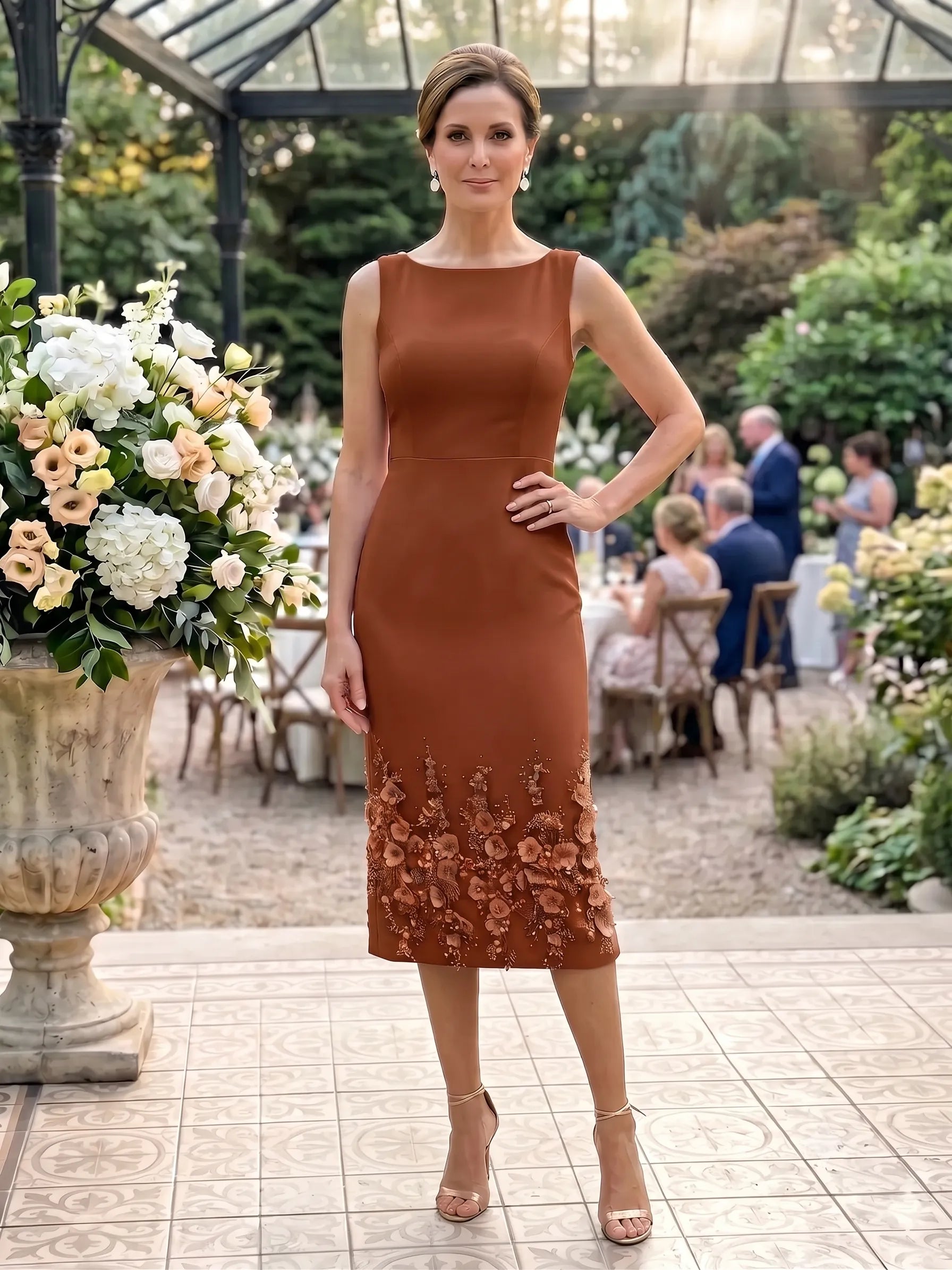Boat Neck Satin Sheath Dress with 3D Floral Appliqué Hem Mother of The Bride Dresses