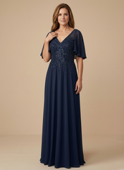 Flare Sleeves Sparky Sequins A Line Chiffon Mother of the Brides Dresses