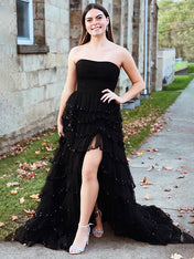 Glitter Black A-Line Strapless Tulle Long Prom Dress with Ruffled