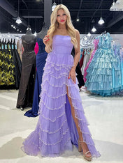 Glitter Black A-Line Strapless Tulle Long Prom Dress with Ruffled