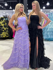 Glitter Black A-Line Strapless Tulle Long Prom Dress with Ruffled