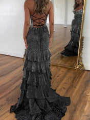 Glamorous Black Sparkle Tiered Ruffle Mermaid Prom Dress with Slit