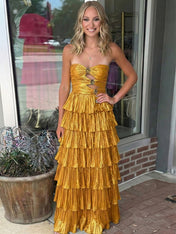 Glamorous Black Strapless Tiered Pleated Cutout Long Prom Dress