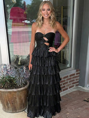 Glamorous Black Strapless Tiered Pleated Cutout Long Prom Dress