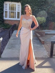 Glamorous Champagne Beaded Bodice Satin Prom Dress with High Slit