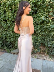 Glamorous Champagne Beaded Bodice Satin Prom Dress with High Slit